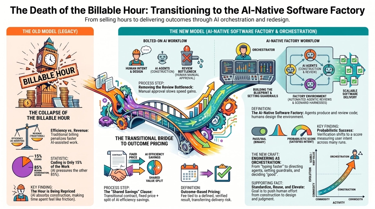 Infographic contrasting the legacy billable-hour model with the AI-native software factory: the collapse of time-based billing (with coding only about 15 percent of the work), a transitional bridge from fixed-price shared-savings to outcome-based pricing, and engineering reframed as orchestrating AI agents rather than writing code.