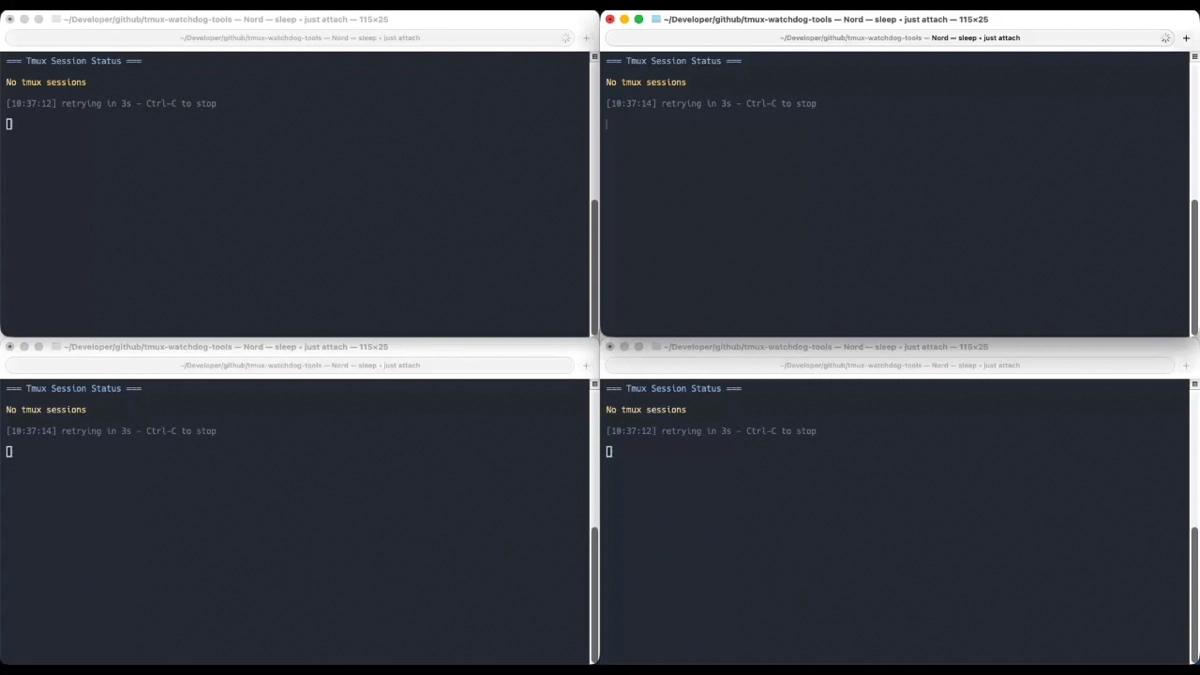 Watcher terminals auto-attaching to tmux sessions