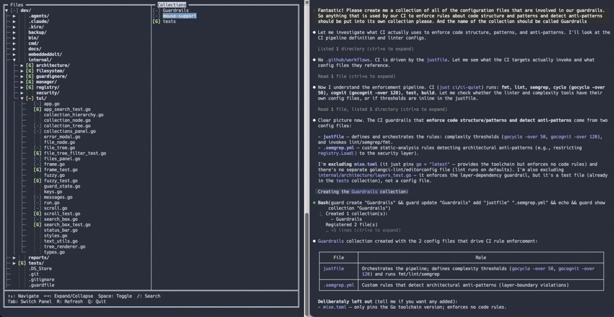 Guard running interactively on the left while Claude Code builds a collection on the right